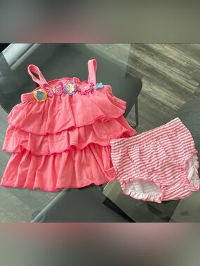 Essentials Coral Pink Ruffle Tankini Set with Floral Appliques